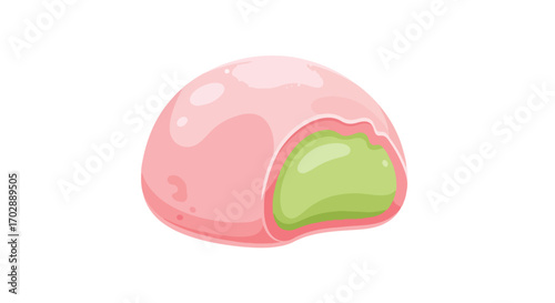 Delightful pink mochi with green filling, a sweet Japanese confection with a soft texture and an appealing, cartoonish style perfect for food