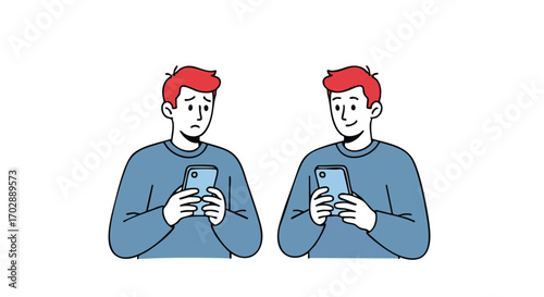 Man experiences contrasting emotions while looking at phone screen, from sad to happy.