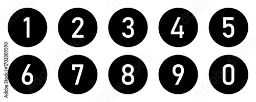 Counting numbers set from 0-9 in black circles. Bullet points icon set with numbers from 0-9. Numeric or numeral typography of numbers from 0 to 9 for app, websites and UI isolated on white background
