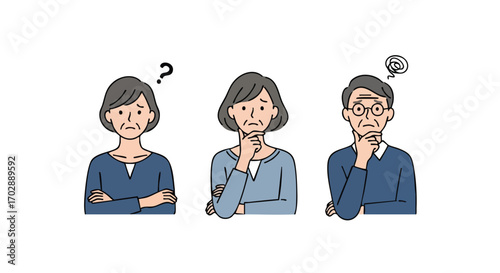 Confused older adults pondering difficult questions, seeking solutions with thoughtful expressions