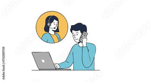 Customer service professional assisting client via phone and laptop for efficient problem solving