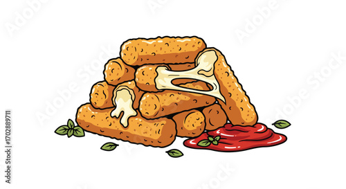 Cartoonish illustration displaying a appetizing heap of fried mozzarella sticks with tomato sauce and aromatic basil leaves
