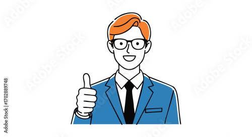 Confident businessman in blue suit gives a thumbs up with glasses and orange hair