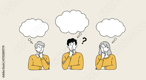 Diverse people ponder with thought bubbles, seeking solutions to complex questions.