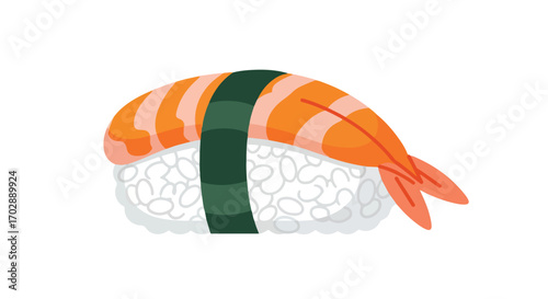 Vibrant shrimp nigiri sushi illustration with classic toppings on a white background evoking culinary traditions