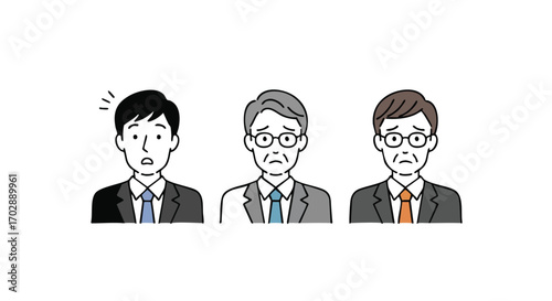 Confused businessmen express worry and surprise in modern professional setting