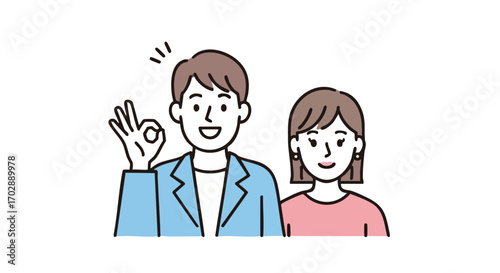 Confident couple gives OK gesture, smiling and showing approval for great results and positive outcomes