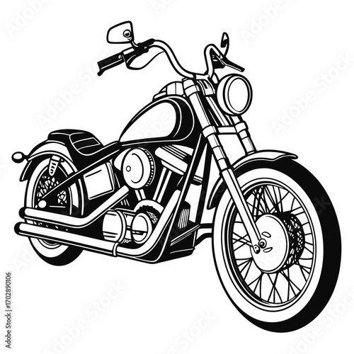 Black And White Line Art Illustration Of A Classic Chopper Motorcycle
