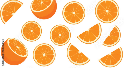 Vibrant Citrus Array: A Cheerful Pattern of Fresh Orange Slices and Halves on a Pristine White Backdrop offering a refreshing taste