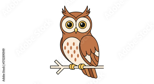 Cartoon owl perched on a branch with a white background in a charming design, perfect for children's books and nature-themed illustrations