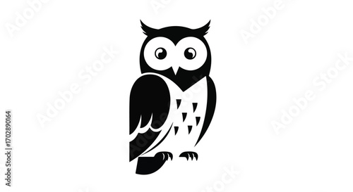 Stylized nocturnal bird illustration with stark black silhouette on a pristine white canvas creating a minimalistic effect