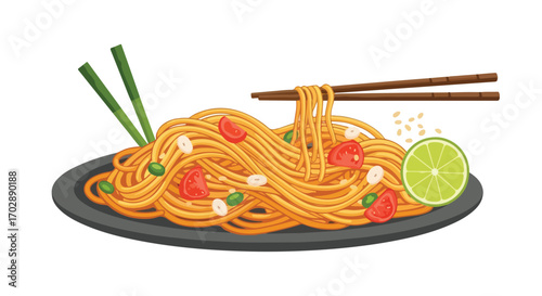 Delightful Noodle Dish with Fresh Toppings and Elegant Chopsticks Artwork, a Culinary Illustration
