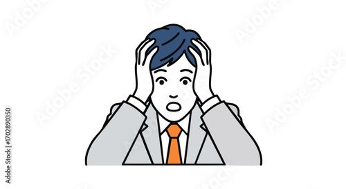 Stressed businessman clutching head in panic over urgent business crisis or deadline