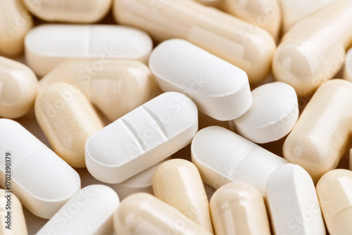 Close up shot of various pills and capsules scattered on a neutral surface, highlighting smooth textures, rounded shapes, and subtle shadows.