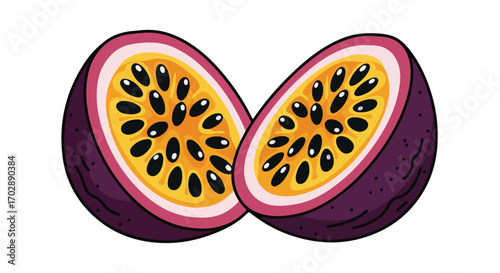 Vivid illustration of two passion fruit halves showcasing pulp and seeds on a clean white background