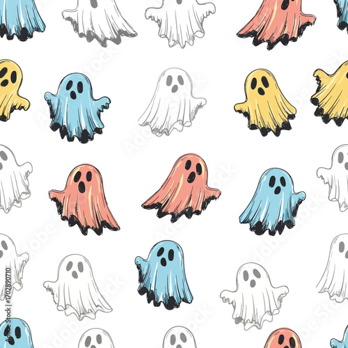 Cute Colorful Cartoon Ghosts Seamless Pattern for Halloween.