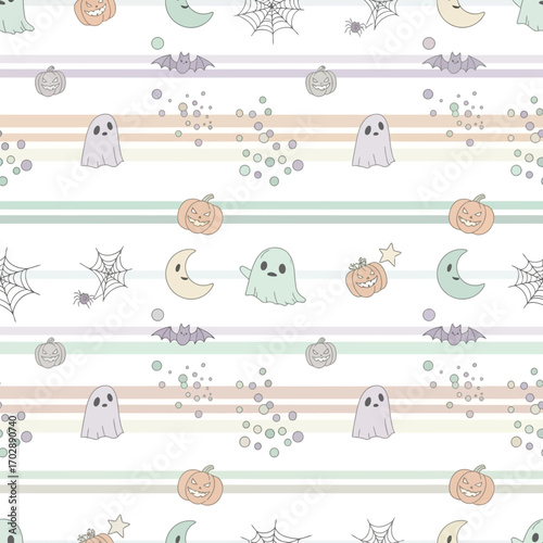 Cute Halloween Seamless Pattern with Ghosts and Pumpkins.