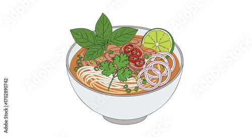 Elegant drawing featuring a delectable bowl of pho loaded with vibrant herbs and fresh toppings, presenting a culinary masterpiece