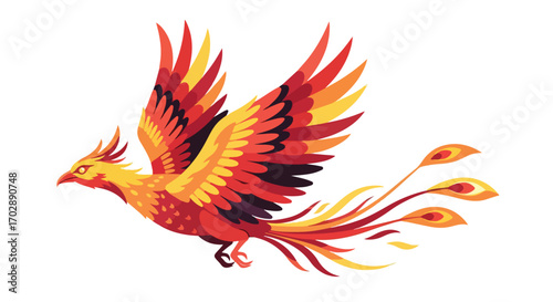 Vibrant phoenix illustration capturing mythological elegance and fiery beauty in flight, perfect for symbolic designs and imaginative projects