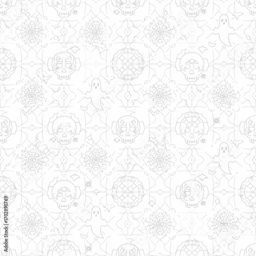 Cute Halloween seamless pattern with line art skulls ghosts and spiderwebs.