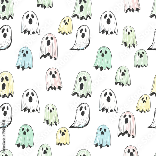 Cute hand drawn colorful ghosts seamless pattern for Halloween.