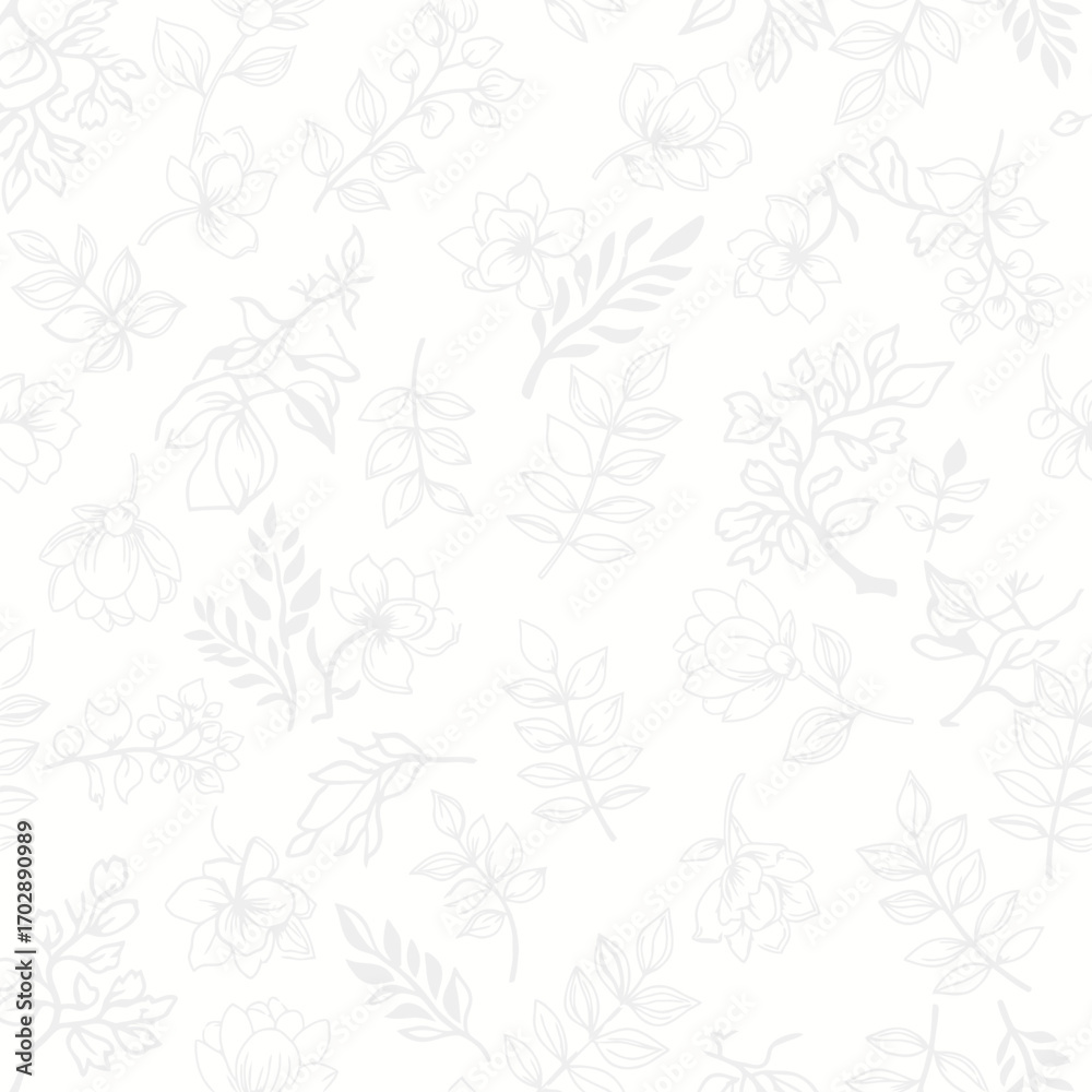 Obraz premium Elegant Hand Drawn Floral Seamless Pattern with Light Gray Flowers and Leaves.
