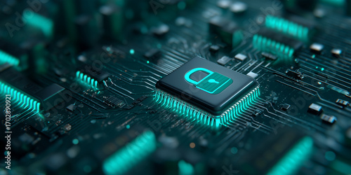 Cybersecurity lock icon on microchip circuit board for data protection and threat mitigation
