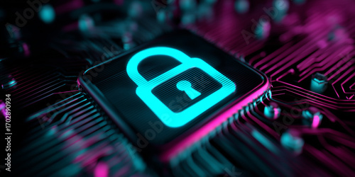Close up neon lock on circuit board representing identity access management and secure login