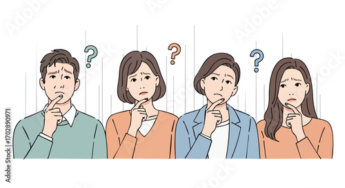 Puzzled People A Group of People Contemplating with Question Marks Above Their Heads