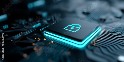 Glowing lock on layered chip illustrating zero trust and effective data protection