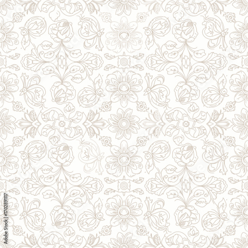Elegant Seamless Pattern with Delicate Pastel Floral Line Art.