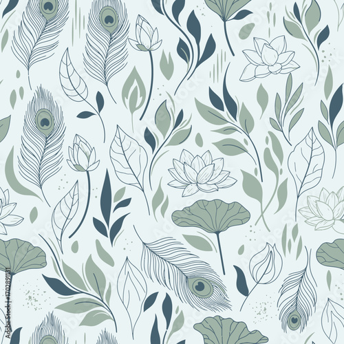 Elegant seamless pattern with hand drawn peacock feathers and lotus flowers.