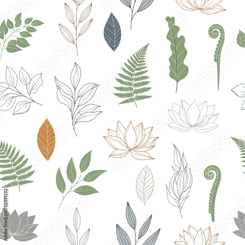 Hand drawn botanical seamless pattern with fern leaves and lotus flowers.