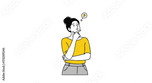 Woman Pondering Cartoon Illustration of a Person Thinking with Question Mark