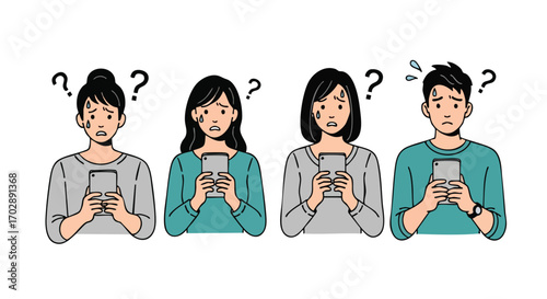Confused people using their smartphones and thinking with question marks