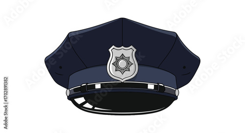 Illustration of a traditional police officer's hat with a metallic badge isolated on a white background depicting law enforcement and authority