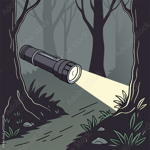 Flashlight Beam Illuminating Dark Forest Path at Night