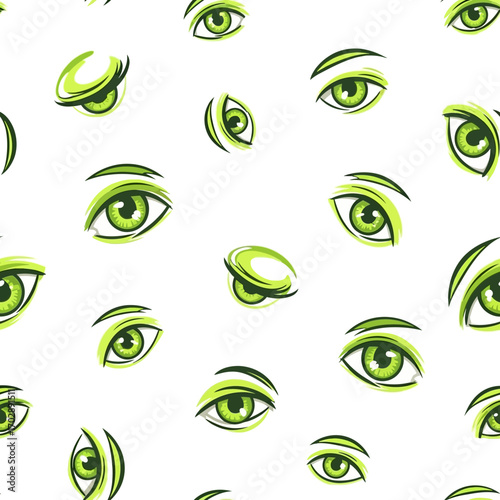 Hand drawn seamless pattern of vibrant green eyes.