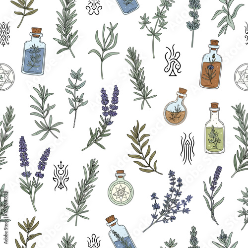 Hand drawn seamless pattern with lavender rosemary and magic potion bottles.