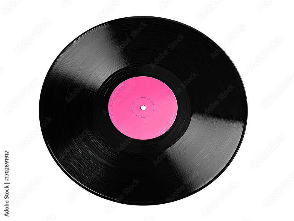 Obraz premium Close-up of a black vinyl record with a hot pink label