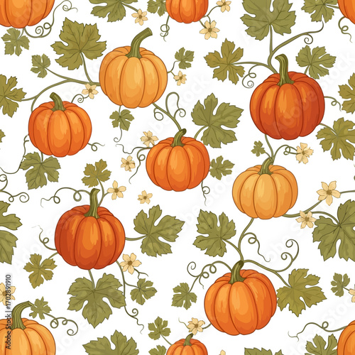 Seamless Autumn Pumpkin Pattern with Green Vines and Flowers.