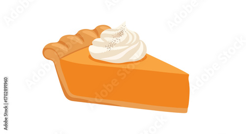 Illustration of a delectable slice of pumpkin pie topped with whipped cream and subtle sprinkles,isolated on white backgroun
