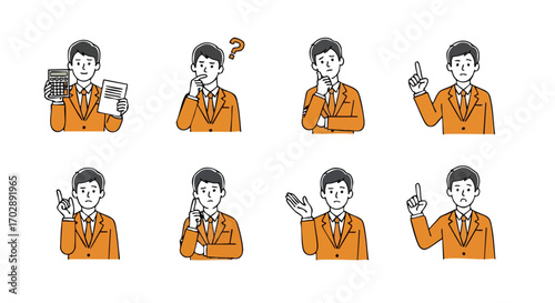 Diverse Poses of Young Man in Orange Suit - Vector Illustration