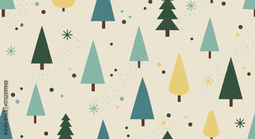 Seamless Christmas pattern with modern minimalist Scandinavian style fir trees and snowflakes on a light background.