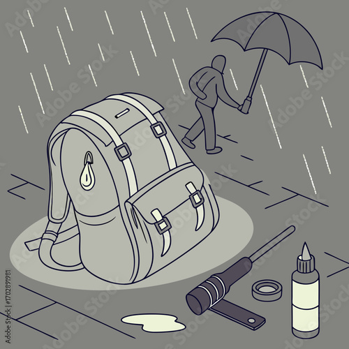 Grey Backpack Repair Kit in the Rain Illustration