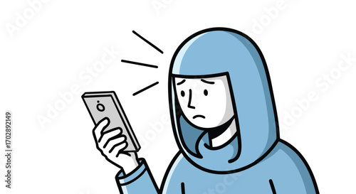 Hooded Figure Anxiously Stares at Phone with Distorted Expression and Lines Emanating from Above