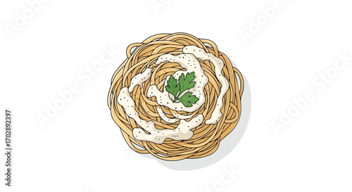 A flavorful culinary art: Hand-drawn spaghetti nest adorned with creamy sauce and fresh parsley garnish, embodying simplicity and indulgence