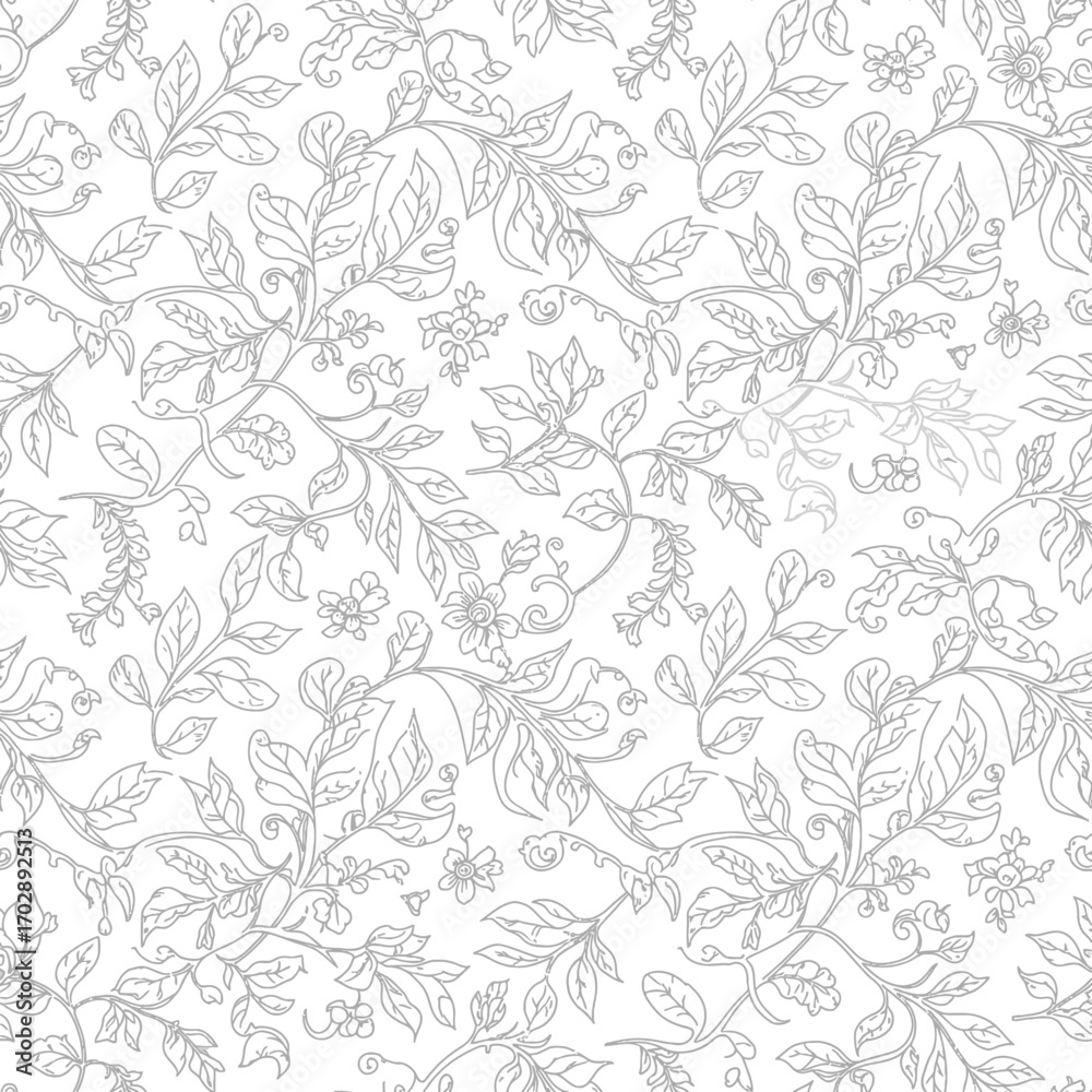 Fototapeta premium Seamless pattern with hand drawn leaves and flowers botanical illustration black and white line art.