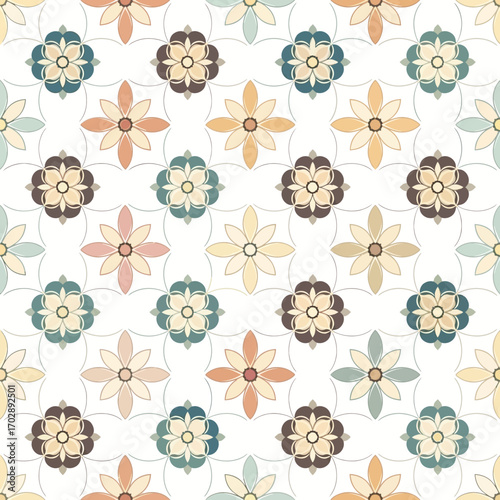 Seamless pattern with retro floral tile motifs.