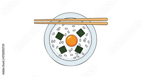 Hand-drawn tamago kake gohan illustration featuring a vibrant egg yolk, seaweed, white rice, and balanced chopsticks, emphasizing the aesthetic